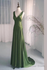 A-Line Green Satin V-Neckline Low Back Prom Dress, Green Evening Dress