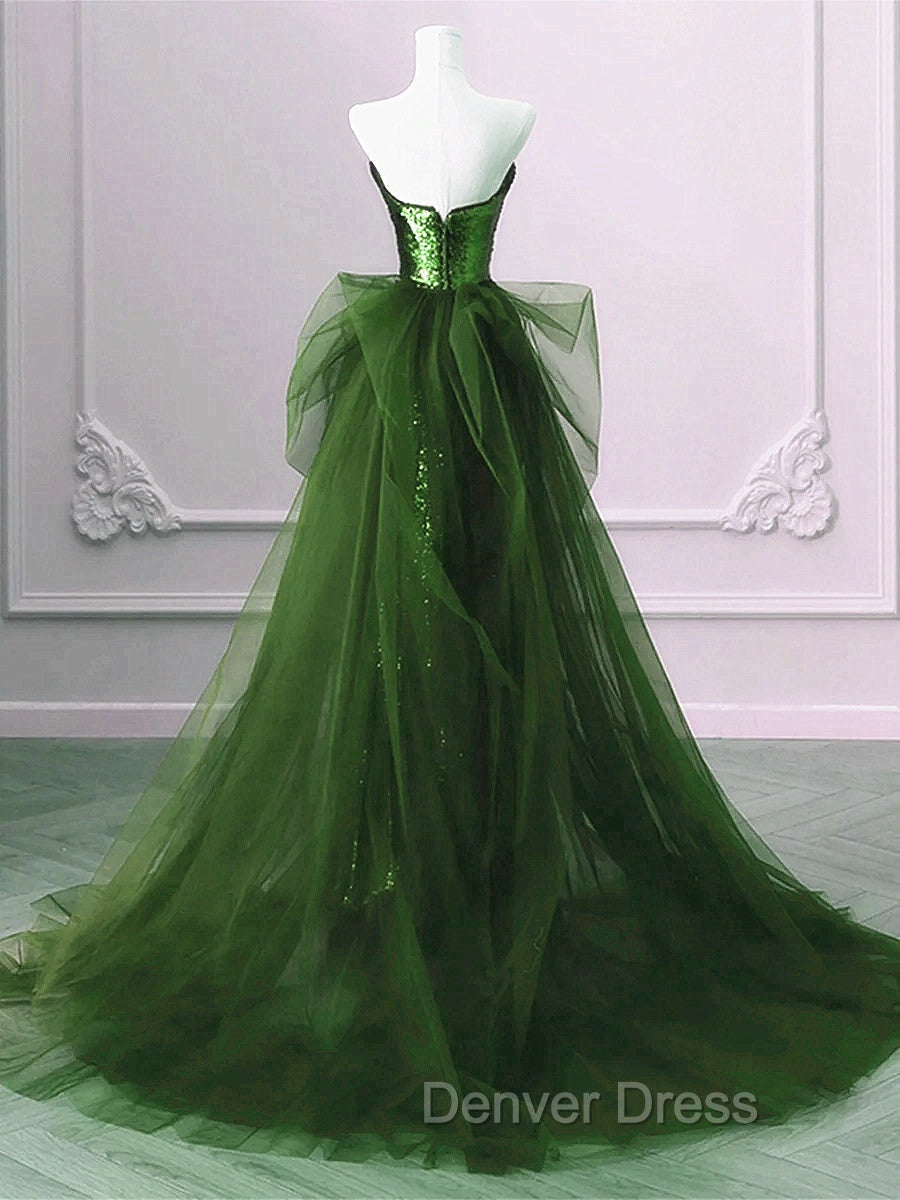 A Line Green Sequins And Tulle Long Prom Dress, Green Prom Dress Secondary image
