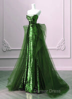 A-Line Green Sequins And Tulle Long Party Dresses, Green Evening Dresses Formal Dresses