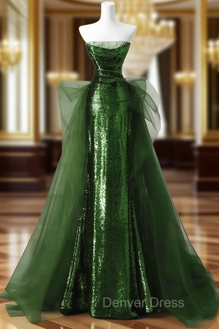 A-Line Green Sequins And Tulle Long Party Dresses, Green Evening Dresses Formal Dresses