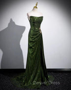 A Line Green Sequins Mermaid Long Prom Dress, Mermaid Sequins Green Prom Dresses