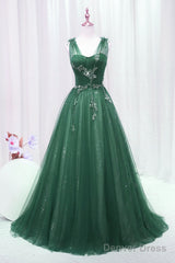 A-Line Green Sweetheart Beaded Tulle Prom Dress, Green Tulle Long Evening Dress