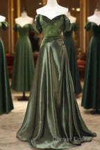 A-Line Green Sweetheart Velvet Long Prom Dress, Green Prom Dress