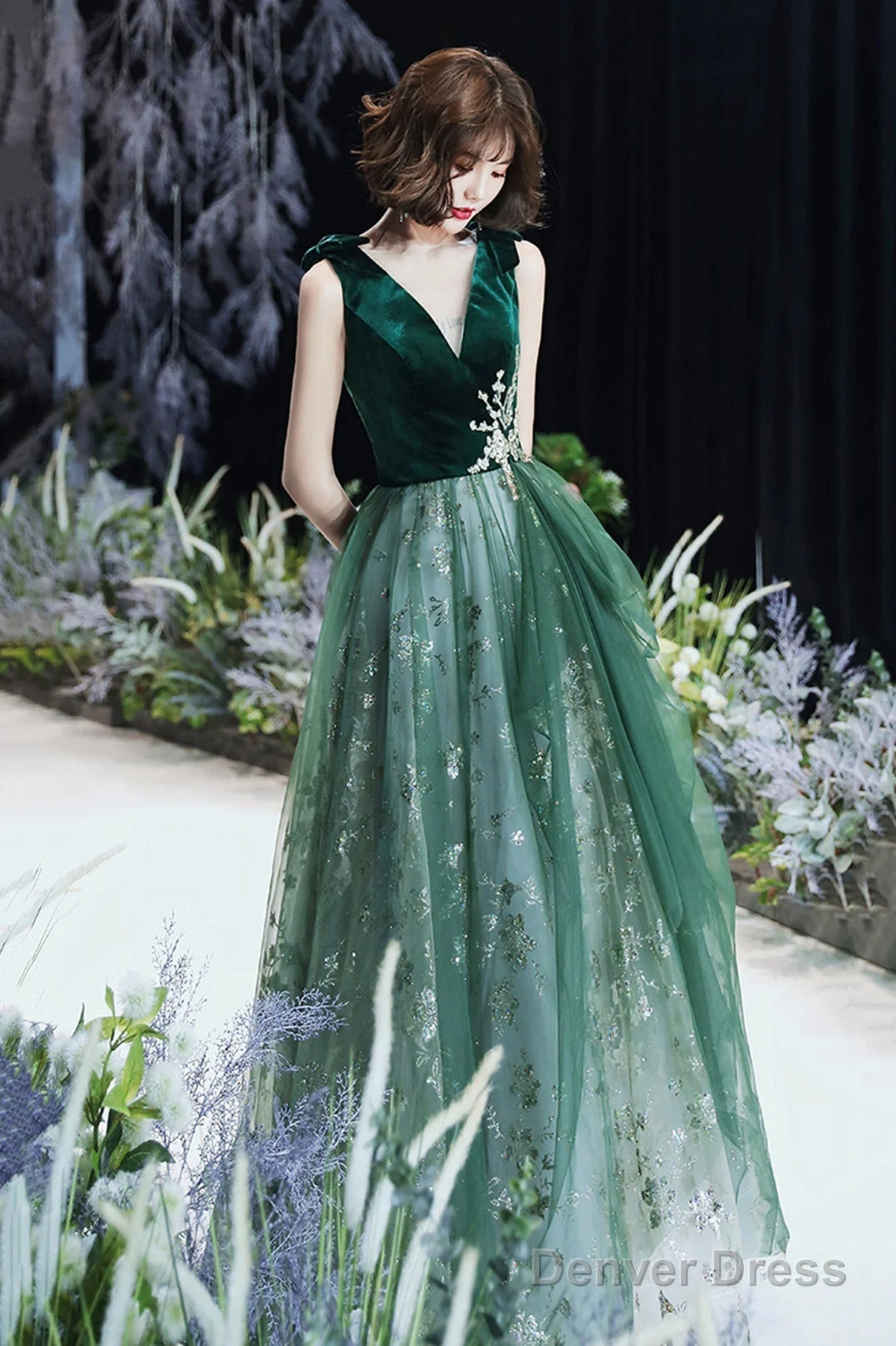 A Line Green Tulle And Velvet Long Prom Dress, Green Tulle Prom Dress Secondary image