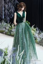 A Line Green Tulle And Velvet Long Prom Dress, Green Tulle Prom Dress