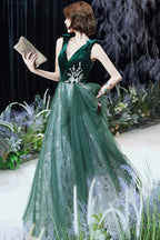 A Line Green Tulle And Velvet Long Prom Dress, Green Tulle Prom Dress