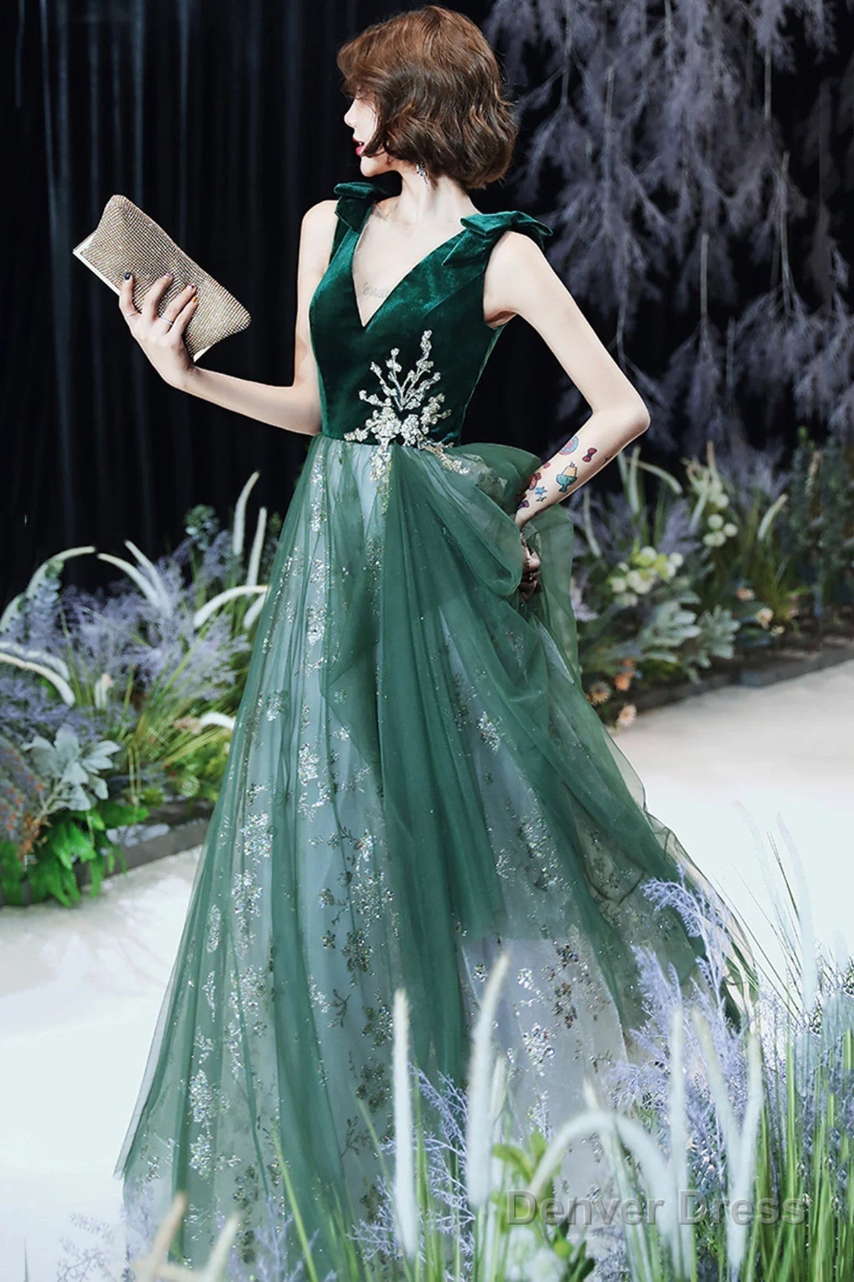 A Line Green Tulle And Velvet Long Prom Dress, Green Tulle Prom Dress