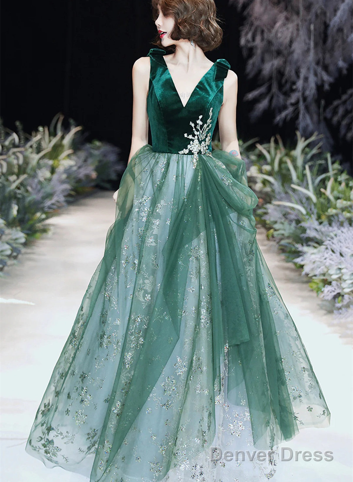 A Line Green Tulle And Velvet Long Prom Dress, Green Tulle Prom Dress Main image