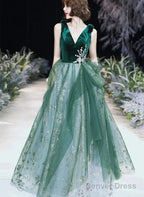 A Line Green Tulle And Velvet Long Prom Dress, Green Tulle Prom Dress