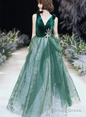 A-Line Green Tulle And Velvet Long Formal Dress, Green Tulle Party Dress Prom Dress