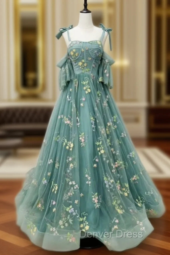 A-Line Green Tulle Embroidery Straps Prom Dresses