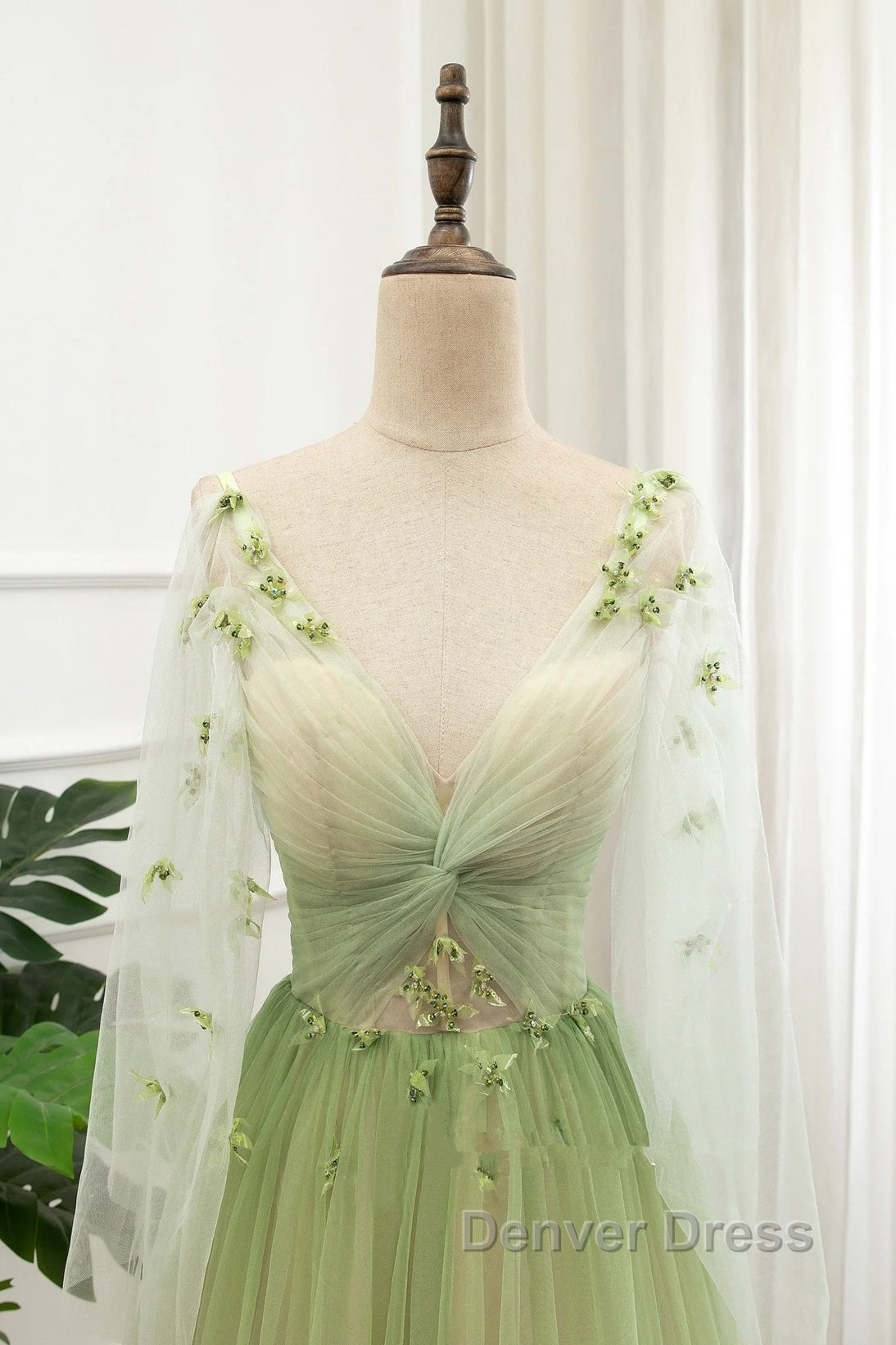 A Line Green Tulle Gradient Long Prom Dress, Green Floor Length Prom Dresses