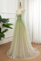 A Line Green Tulle Gradient Long Prom Dress, Green Floor Length Prom Dresses