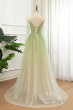 A Line Green Tulle Gradient Long Prom Dress, Green Floor Length Prom Dresses