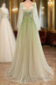 A Line Green Tulle Gradient Long Prom Dress, Green Floor Length Prom Dresses
