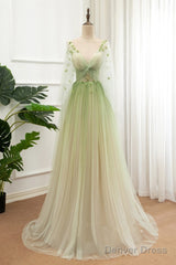 A-Line Green Tulle Gradient Long Party Dress, Green Floor Length Formal Dress