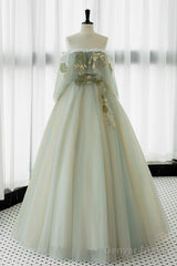 A-Line Green Tulle Lace Long Prom Dress, Green Tulle Lace Long Formal Dress