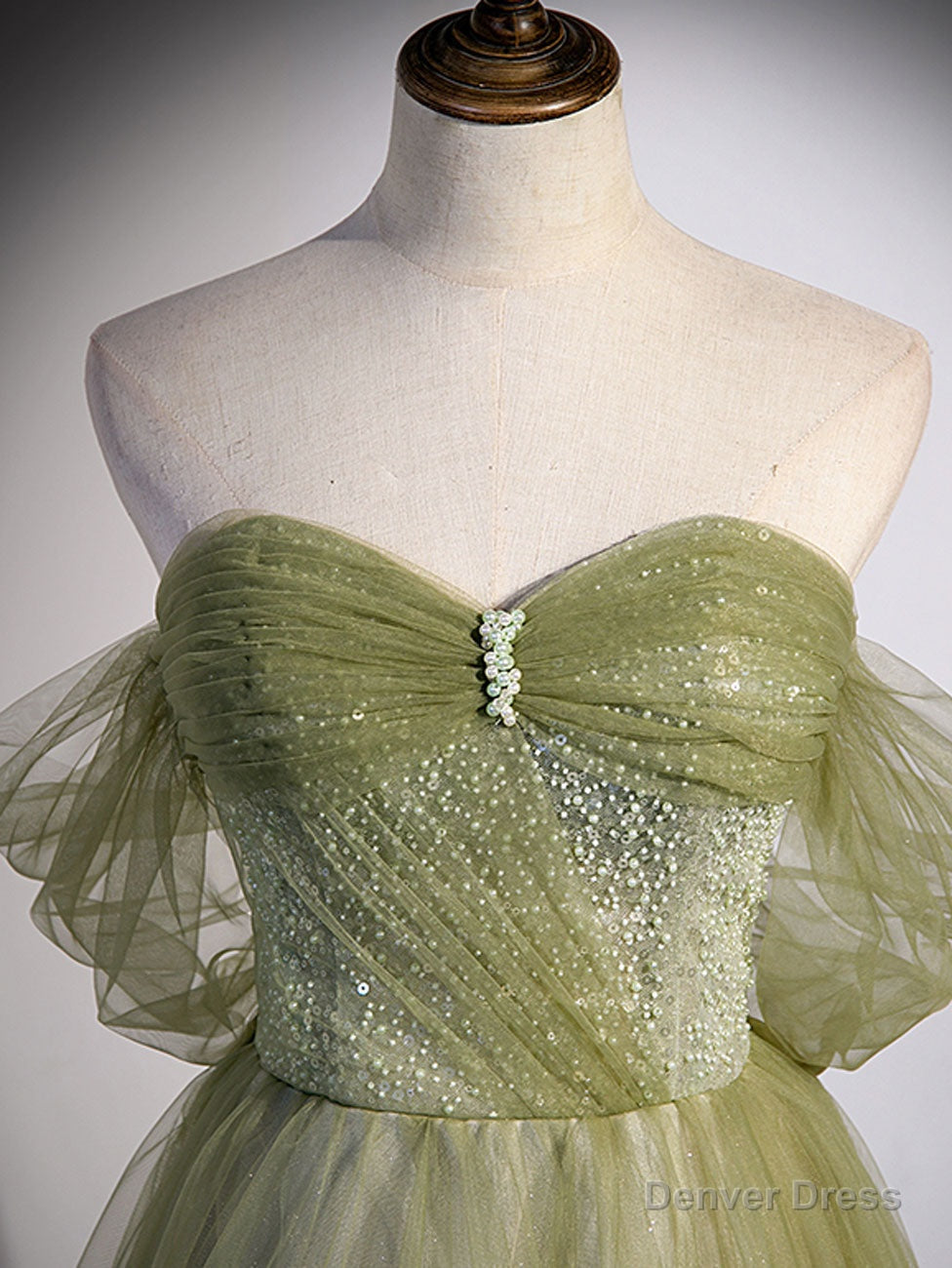 A Line Green Tulle Long Prom Dress, Green Prom Dresses with Beading