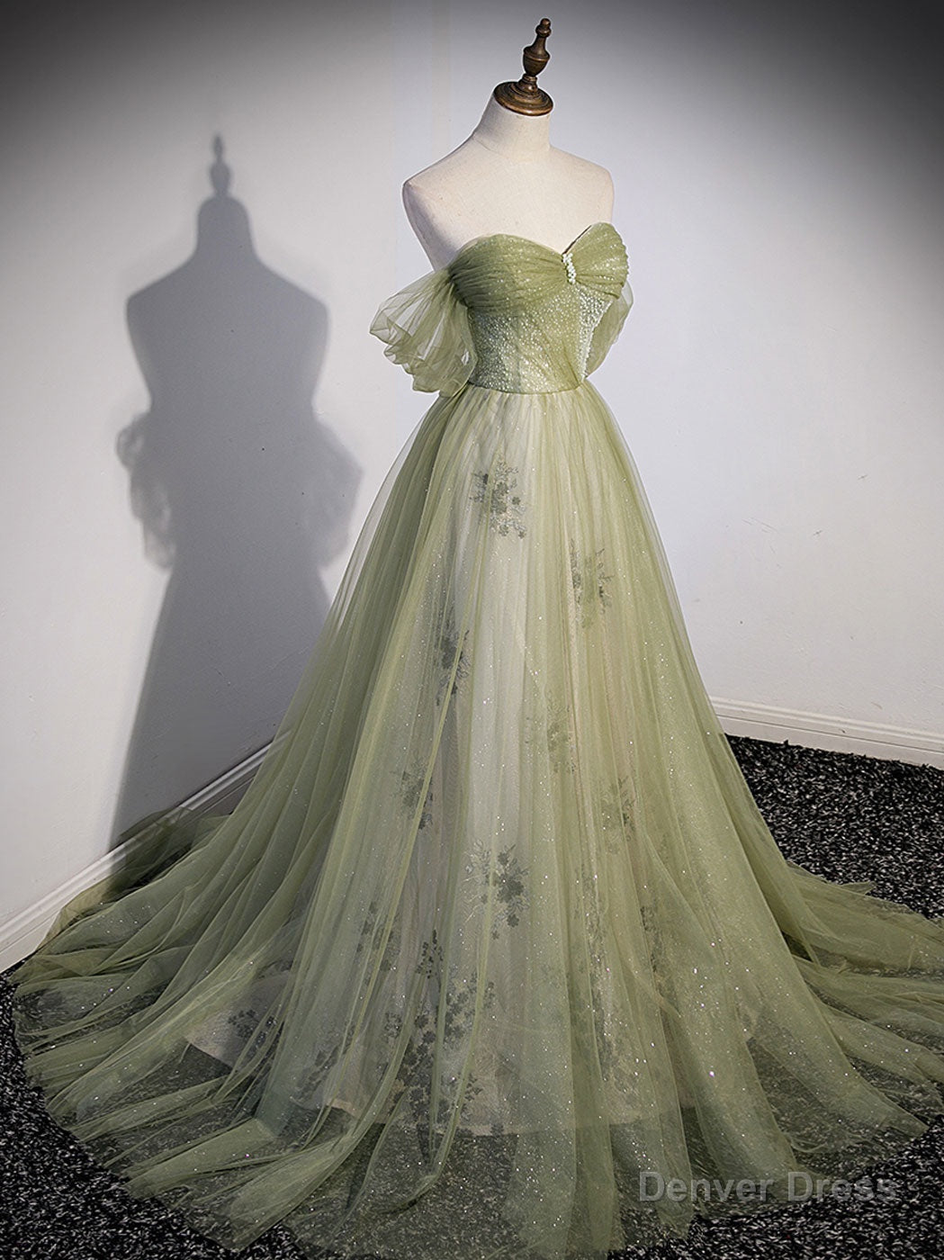 A Line Green Tulle Long Prom Dress, Green Prom Dresses with Beading