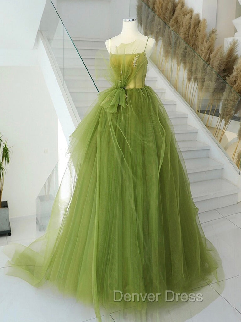 A-Line Green Tulle Long Prom Dresses, Green Tulle Long Evening Dresses Secondary image