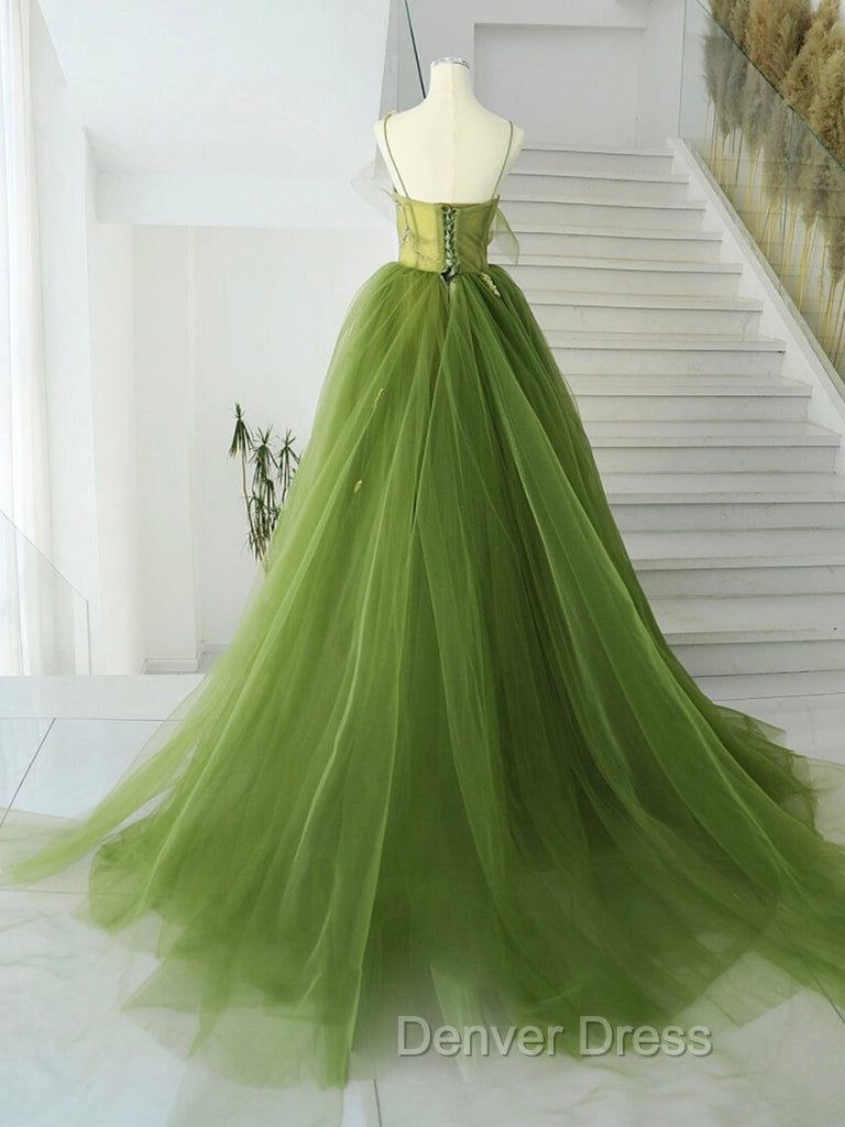A-Line Green Tulle Long Prom Dresses, Green Tulle Long Evening Dresses
