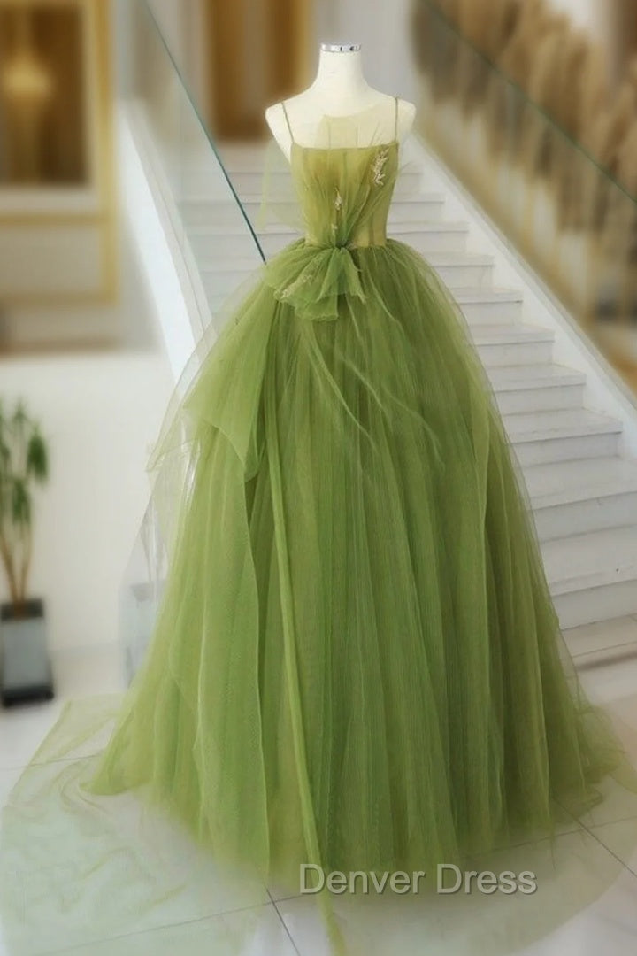 A-Line Green Tulle Long Prom Dresses, Green Tulle Long Evening Dresses