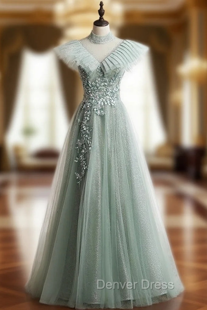 A-Line Green Tulle Sequins High Neck Backless Appliques Prom Dresses Main image