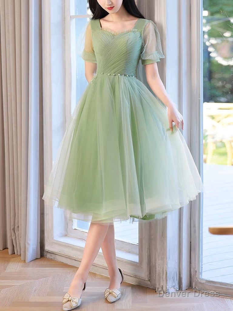 A Line Green Tulle Short Prom Dress, Green Short Prom Dresses
