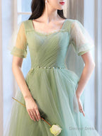 A Line Green Tulle Short Prom Dress, Green Short Prom Dresses