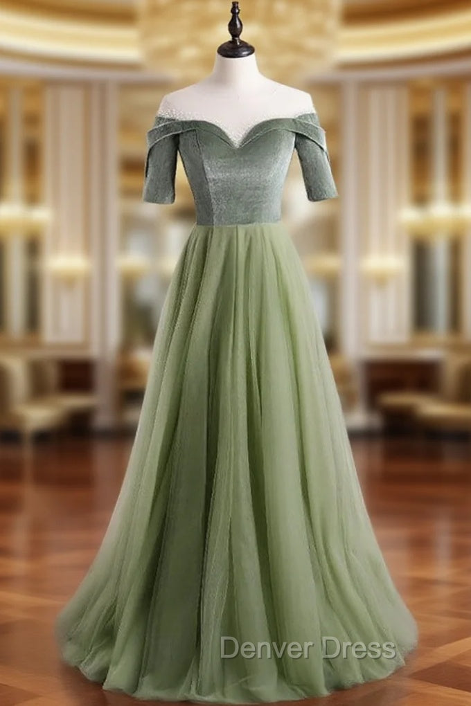 A-Line Green Tulle Velvet Short Sleeve Prom Dresses Main image