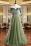 A-Line Green Tulle Velvet Short Sleeve Prom Dresses