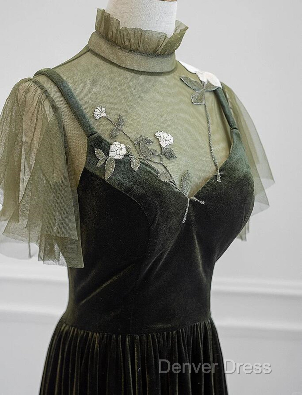 A-Line Green Velvet Long Wedding Party Dresses, High Neckline Prom Dresses Evening Dresses Secondary image