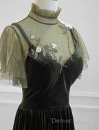 A-Line Green Velvet Long Wedding Party Dresses, High Neckline Prom Dresses Evening Dresses