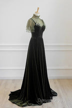 A-Line Green Velvet Long Wedding Party Dresses, High Neckline Prom Dresses Evening Dresses