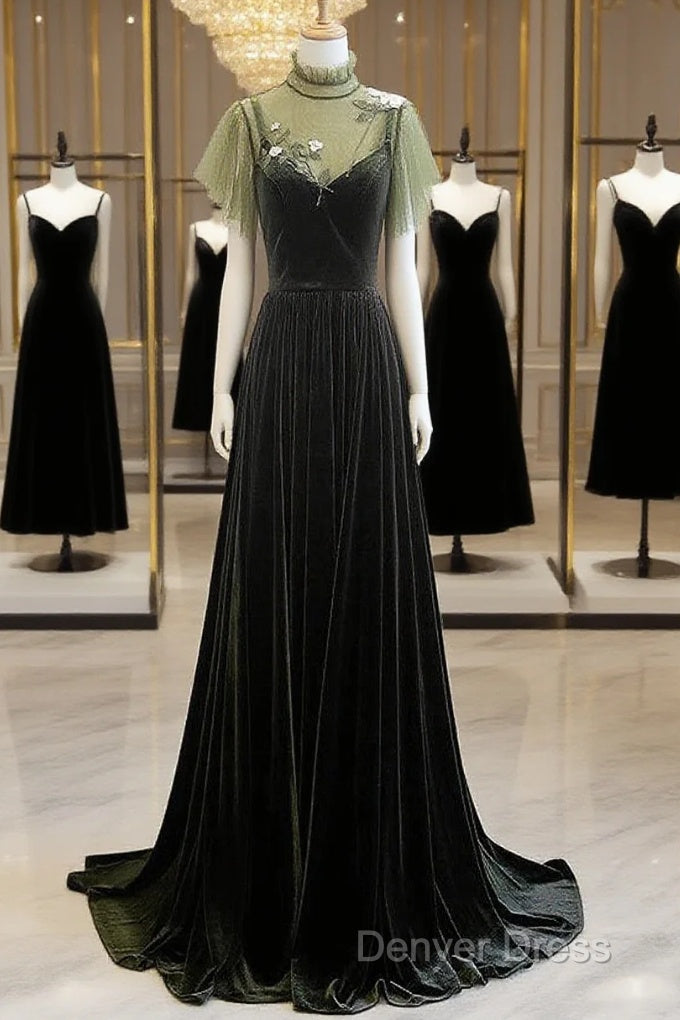 A-Line Green Velvet Long Wedding Party Dresses, High Neckline Prom Dresses Evening Dresses Main image