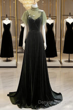 A-Line Green Velvet Long Wedding Party Dresses, High Neckline Prom Dresses Evening Dresses
