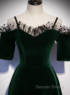 A-Line Green Velvet Spaghetti Straps Prom Dresses, Green Wedding Party Dresses