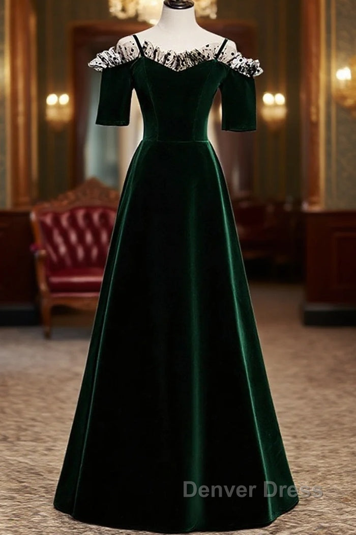 A Line Green Velvet Spaghetti Straps Prom Dress, Green Wedding Prom Dresses Main image