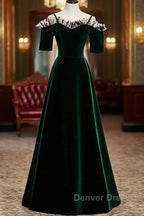 A Line Green Velvet Spaghetti Straps Prom Dress, Green Wedding Prom Dresses