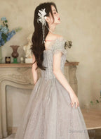 A-line Grey Shiny Tulle Off Shoulder Party Dress, Grey Beaded Prom Dress Evening Dress