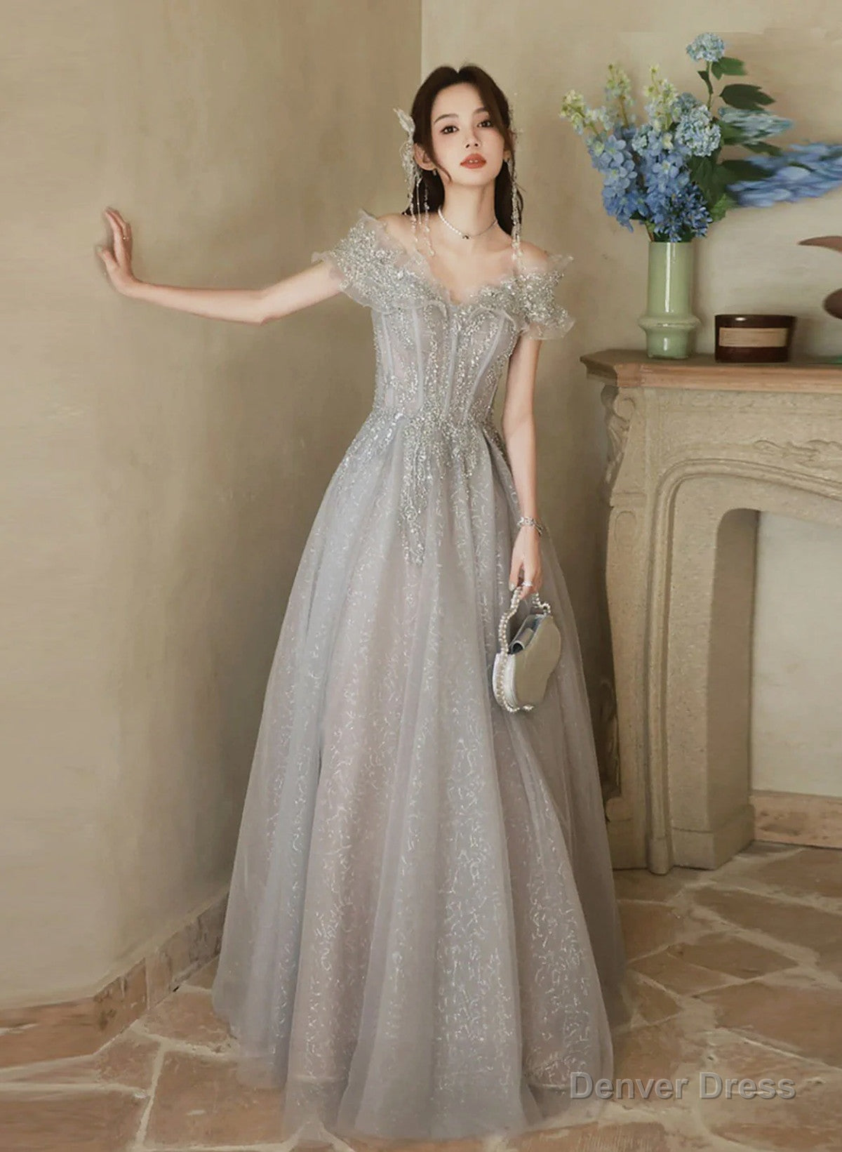A-line Grey Shiny Tulle Off Shoulder Party Dress, Grey Beaded Prom Dress Evening Dress Main image