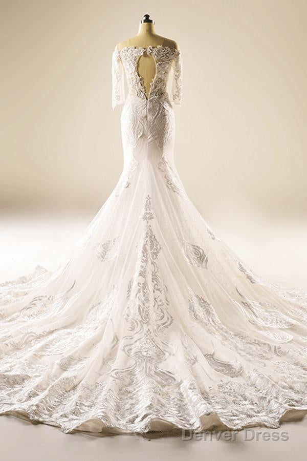 A-Line Half Sleeve Mermaid Lace Beaded Wedding Dress With Appliques