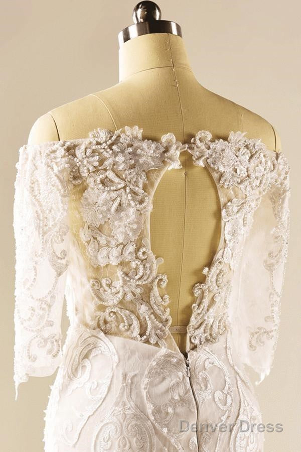 A-Line Half Sleeve Mermaid Lace Beaded Wedding Dress With Appliques