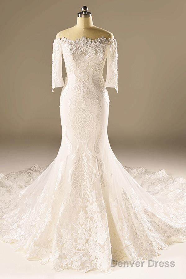 A-Line Half Sleeve Mermaid Lace Beaded Wedding Dress With Appliques Main image