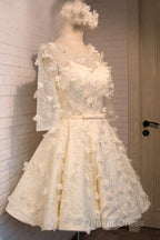 A Line Half Sleeves Tulle Homecoming Dresses With Appliques