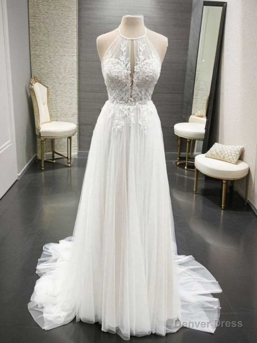 A Line Halter Appliques Lace Sweep Train Tulle Wedding Dresses Main image