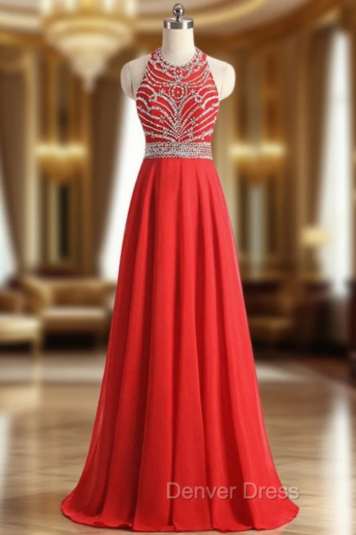 A-Line Halter Backless Chiffon Beading Sequins Prom Dresses