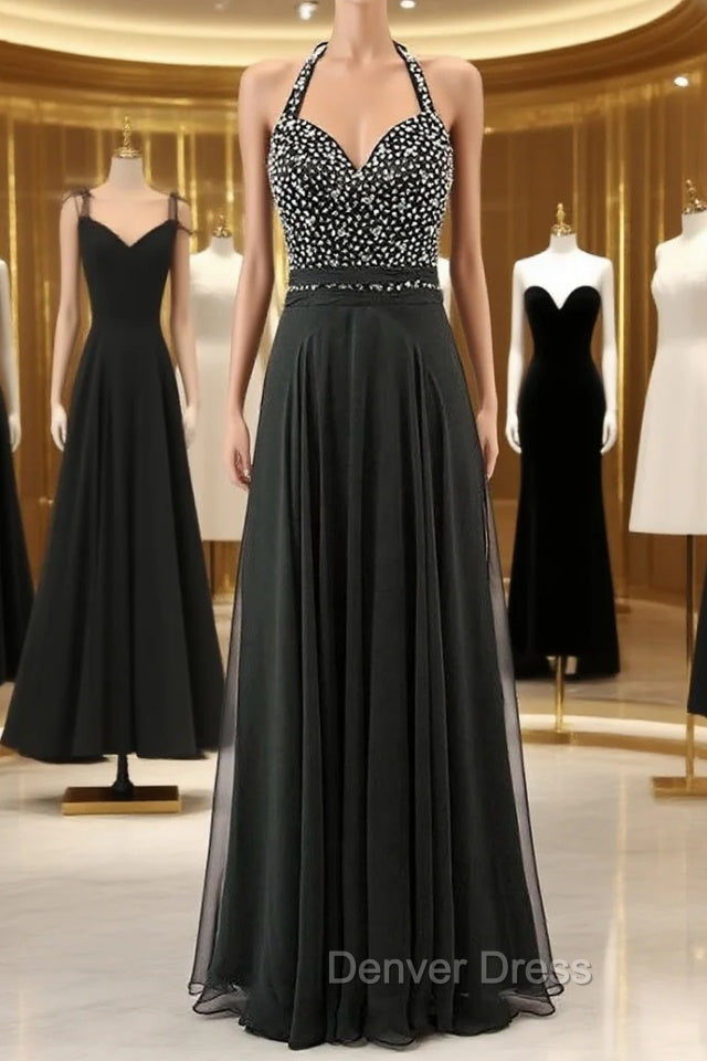 A Line Halter Backless Chiffon Bridesmaid Dresses With Beading