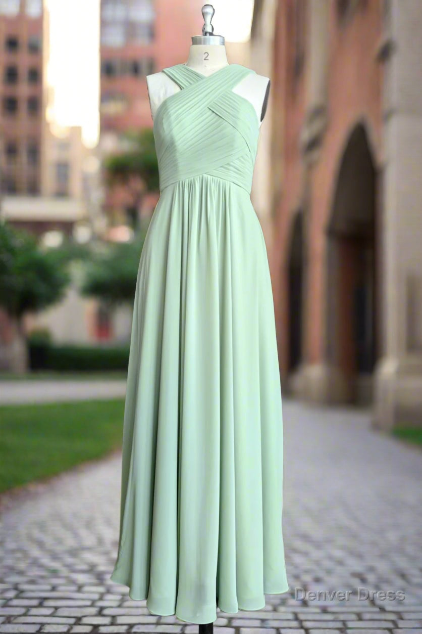 A Line Halter Chiffon Green Pleated Long Bridesmaid Dress Secondary image