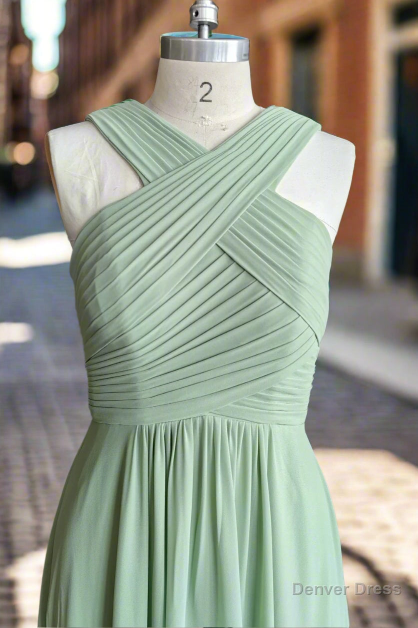 A Line Halter Chiffon Green Pleated Long Bridesmaid Dresses
